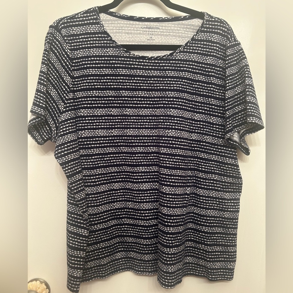 Croft Barrow T-Shirt Women 1X Blue White Cotton Short Sleeve Classic Tee